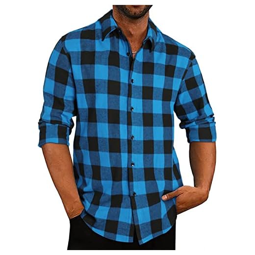 APOONABA Camisa Franela Hombre Manga Larga Cuadros Camisas Hombre Casual Shirts con Botón Vintage Franela Shirt Regular Fit Primavera Otoño Invierno Azul S