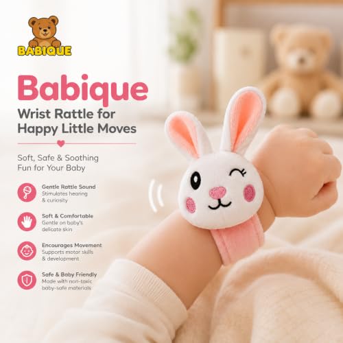 Image of Babique Soft Plush Bunny Hand Rattle Wrist Band for Newborns, Infants & Kids - Baby Wrist Rattle Toy with Adjustable Velcro Strap, Gentle Sound, Lightweight & Safe for 0-36 Months