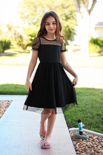 Arshiner Girls Dress Contrast Mesh Puffy Short Sleeve A Line Casual Party Dress 3-12 Years3