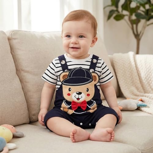 Image of Baby Boy Clothes Striped Romper Cartoon Overall Set 0-18M | Soft Breathable Cotton Romper And Animal Cartoon Overall Shorts Set Offering All-Day Comfort, Daily Wear, Machine Washable