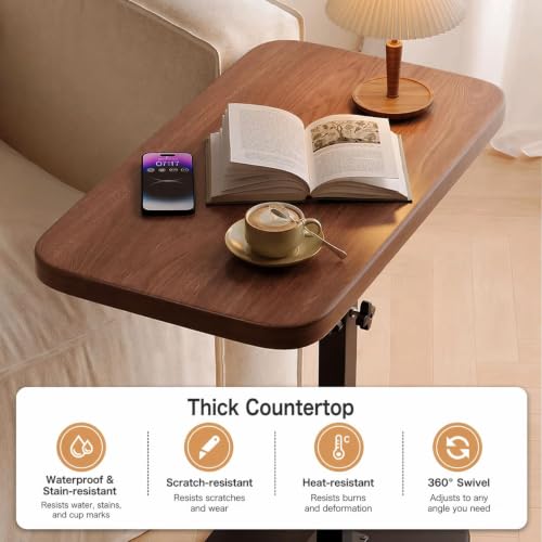 Image of Owme C Shaped Side Table for Sofa Bed, Adjustable Height Laptop Table with 360 Rotating Desktop, Wooden Finish Compact End Table for Living Room, Portable Snack Coffee Table with Metal Base