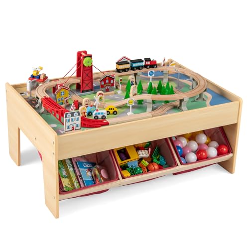 FANTASK 94-teiliges Holz Aktivitätstisch, Spieltisch mit 2 wendbaren Tischplatten, 3 Stoffschubladen, 2 in 1 Eisenbahn-Set zum Spielen für Kinder ab 3 Jahren