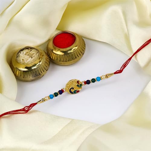 Image of Oblivion Peacock and Floral Beadwork Rakhi Set of 2 for Brother with Silver Colour Coin, Pooja Coin, Tilak Set and Greeting Card for Raksha Bandhan