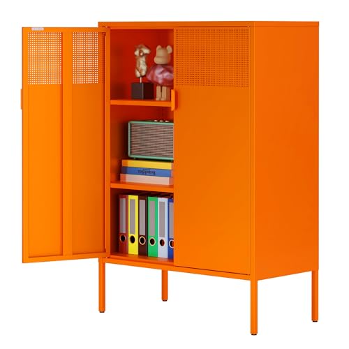 Ustamio Orange 3 Tier Metal Storage Cabinet with Legs, 2 Door Metal Locker Style Accent Storage Cabinet with 2 Adjustable Shelves for Home, Office, Entryway and Hallway
