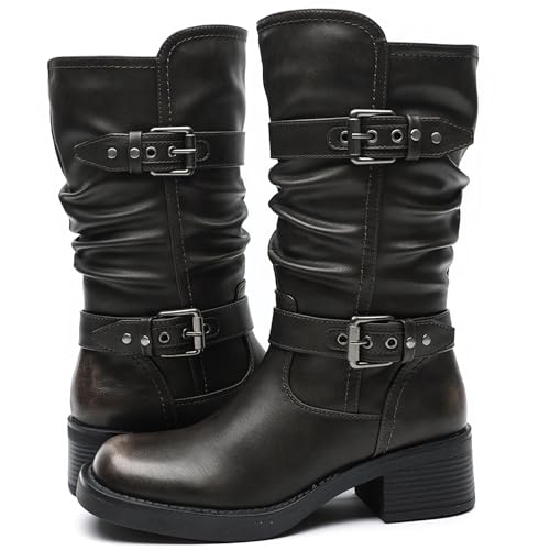 Image of GLOBALWIN Chunky Mid Calf Fashion Dressy Motocycle Biker Military Style Combat Boots for Women Low Heel