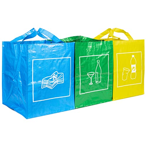 QILZO® Set de 3 Bolsas para Reciclar Basura, Bolsas de Basura Capacidad 40L, Reciclaje Vidrio, Plástico y Papel