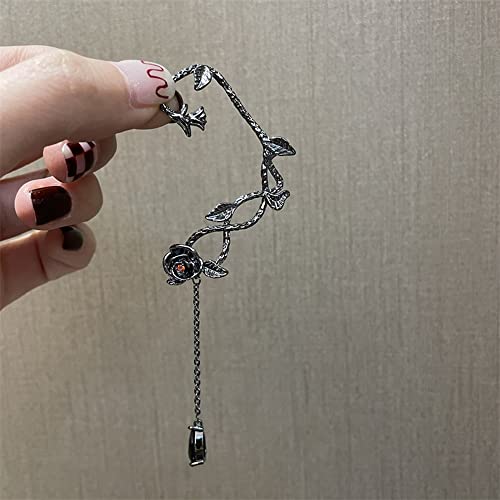 Bethynas Gothic Black Rose Ear Cuff With Water Drop Tassel Non-Piercing Solid Flower Vine Ear Cartilage Clip Retro Punk Floral Ear Climber Vintage Hip Hop Ear Crawler For Women Girls #TOP2