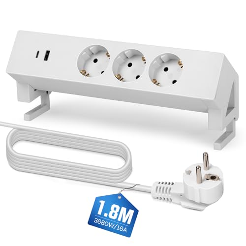 Tischsteckdose mit 3 Fach Steckdose, USB C + USB A 5 V/3,1 A, 0-50 mm Klemmbar Steckdosenleiste mit 1.8M Kabel, 3680W/16A Mehrfachsteckdose, Eck Schreibtisch Steckdosen Weiß, für Küche Hause Büro Wand