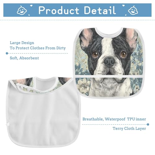 MCHIVER Flower Blue Dog Baby Bibs for Boy Girl Toddler Waterproof Feeding Bib Apron with Food Cather Adjustable Cotton Food Eating Bib 2 Pack3