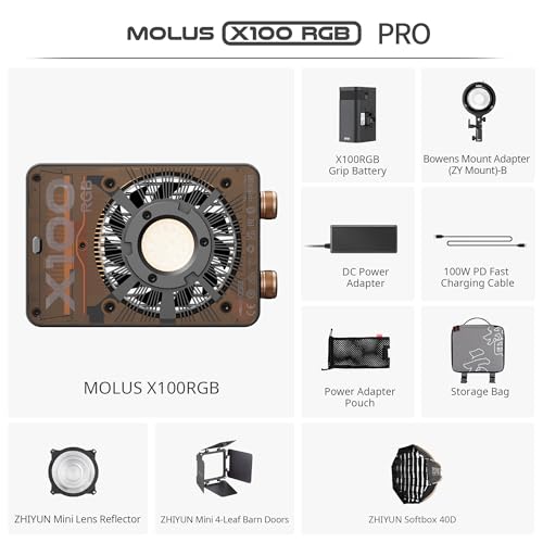Image of ZHIYUN MOLUS X100 RGB PRO 100W Continuous Output Lighting [Official] V2 Upgraded Version Portable Video Light Handheld Professional Photography Lighting CRI≥95 TLCI≥97 2500K~10000K Only 384g (Black)