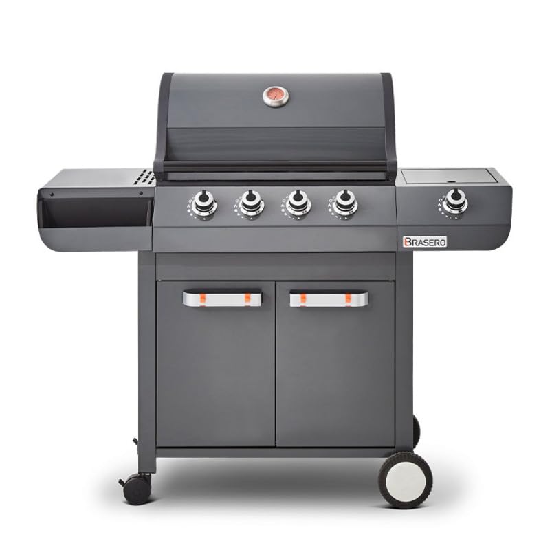 BRASERO BY FAVEX -Barbecue gaz Emma 4 + 1 Side Gun Metal – 4 brûleurs + latéral – 15,1 kW – Grille fonte 64 x 41,5 cm – FLEXIGRILL – 12 convives