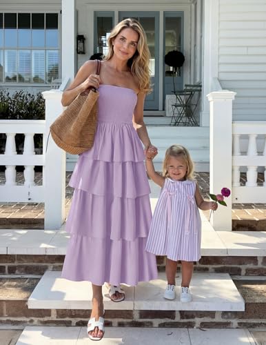 Image of ZESICA Women's Summer Boho Strapless Maxi Dress 2026 Casual Sleeveless Off Shoulder Smocked Tiered Beach Long Sundress