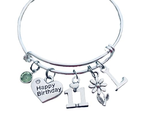 11th Birthday Charm Bracelet – Tween Girl Jewelry Gift – Silver-Tone Expandable Bangle with Charms – Birthday Keepsake for Daughter, Granddaughter, or Friend