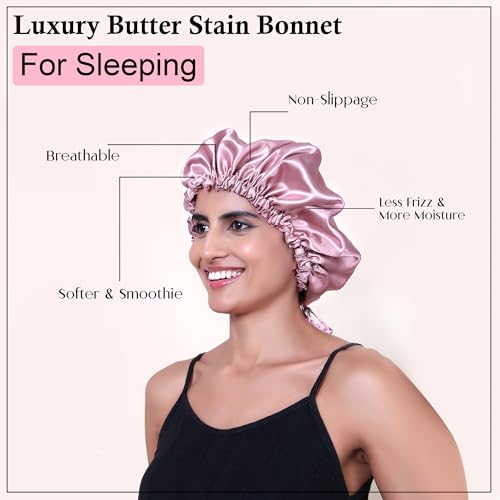 Image of GLUN Hair Protector Bonnet Cap with 3 Scrunchies Combo, Pack of 1 Rose Pink Colour, Prevents Hair Breakage, Frizz Control and Moisture Retention, Ideal for Curly & Natural Hair