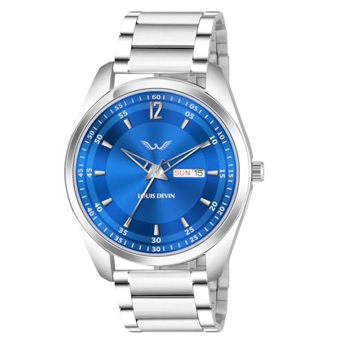Image of LOUIS DEVIN Stainless Steel Chain Analog Wrist Watch for Men with Day and Date Display (Black /Blue /Brown /Silver Dial) | LD-GR405-CH