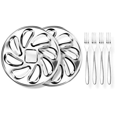 WENDOM Stainless Steel Oyster Plate Grill Pan Serving Trays for Scallop,2Pcak Oyster Shell Shaped Pan and 4pcs Forks Set Cover