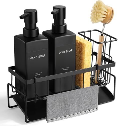 GMISUN Dish Soap Dispenser, 12 fl oz / 350 ml Dual Kitchen Soap Dispensers with Sponge Holder, Customized Matte Black Kitchen Soap Dispenser Set, Modern Hand and Dish Soap Bottle Set Removable