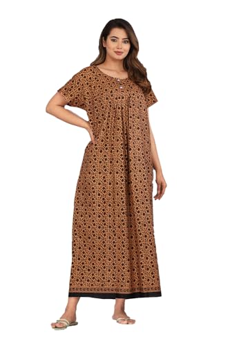 Image of Kuruti B Sheets Cotton Nighty for Women Jaipuri Print 2 Button Round Neck Short Sleeve Night Gown | Maxi Dress