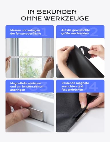 Fenster Verdunkelung Magnetisch, Verdunklungsrollo ohne Bohren, Innen Sonnenschutz Rollo Verdunkelung Abnehmbar für Dachfenster Schräges Fenster, Reise, Mietwohnung,100X145cm,Schwarz