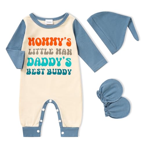 Image of GRNSHTS Newborn Baby Boy Romper Coming Home Outfits Letter Print Bodysuit Jumpsuit+Hat+Gloves 3PCS Clothes Set