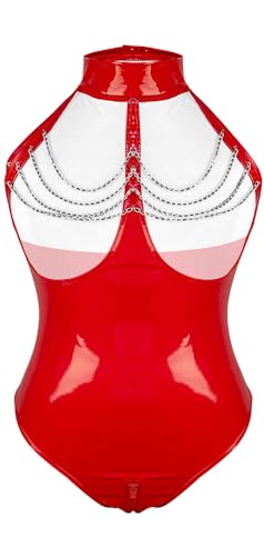 Kvinnors underkläder sexiga våtlook läderbodysuit klubbkläder kort jumpsuit latex catwoman ärmlös catsuit jumpsuit med dragkedja S–5XL., 16-röd, 5XL