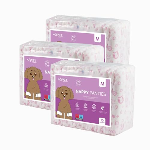 Aqpet Pannolini Igienici Mutanda Assorbente per Cani Femmine per Ciclo Incontinenza con Chiusura Adesiva Regolabile, Anti odore, Usa e getta, Taglia Medium 425x300mm, Confezione da 30 Pezzi