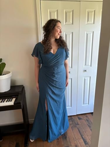 Image of Womens Elegant Bridesmaid Dresses Long with Ruffles Empire Waist Pleated V Neck Dusty Sage Formal Dress for Wedding with Slit US Size 8