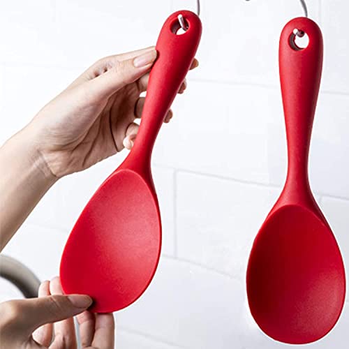 Image of Baskety Non-Stick Rice Spoon Silicone Ladle Soup Spoon with Handle for Dining Table 22.3 x 6.8 cm (Pure Red)