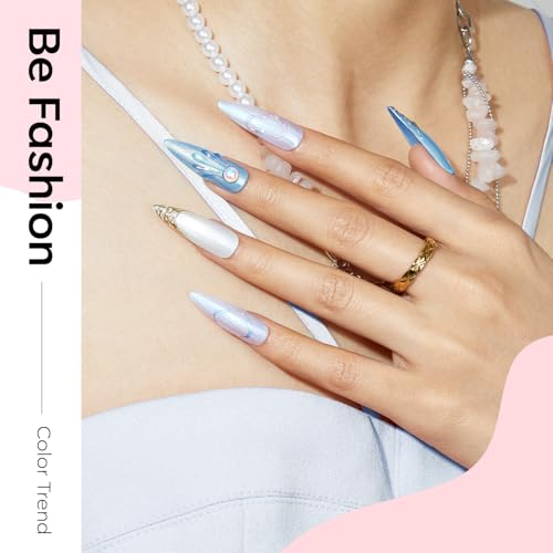 Image of modelones Pearl Gel Nail Polish, 6 Colors Shimmer Glitter Iridescent White Nude Blue Pink Mermaid Nail Drawing Soak Off Gel Polish Swirl Shell Thread Effect Gift DIY at Home with Dotting Pen