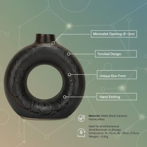 Image of BENAVJI Black Ceramic Donut 6 Inch Modern Flower Vase for Pampas Grass, Dried Flowers, Home & Office Decor, Centerpiece, Handcrafted Gift Vase Only
