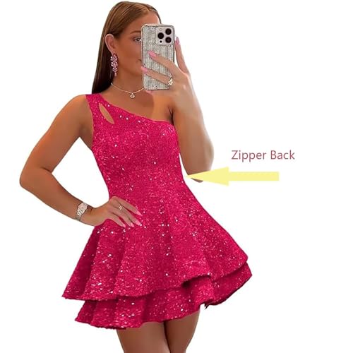 One Shoulder Sequin Homecoming Dresses 2025 Short Sparkly Tiered Cocktail Party Gown for Teens4