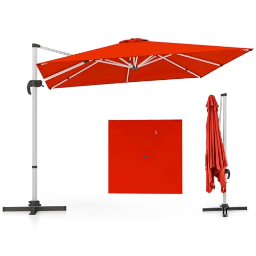 COSTWAY Sonnenschirm rechteckig 300 x 300 cm, großer Ampelschirm mit Kurbel, Gartenschirm neigbar, 360° drehbar, Terrassenschirm, Marktschirm für Garten, Terrasse, Balkon (Rot)