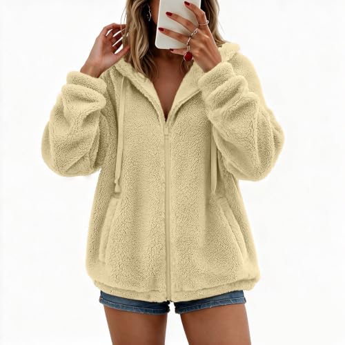 Women Fuzzy Fleece Hooded Zip Up Jacket Long Sleeve Coats with Pockets - image 5