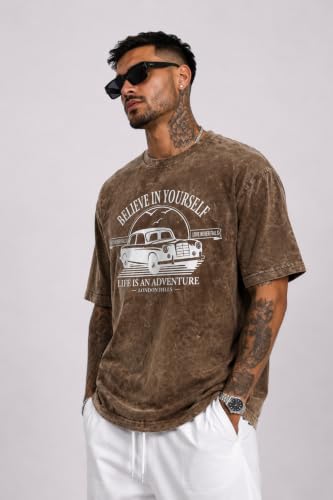 Image of London Hills Men's Oversized t Shirt for Men Graphic T-Shirt | Acid Wash Printed Men T-Shirts | Tshirt for man Round Neck Half Sleeve Pure Cotton Casual Mens tees | Off Shoulder Tshirt Shirts man