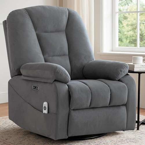 Image of Power Swivel Rocker Recliner Chair for Adults, Electric Rocking Recliner with Massage and Heat for Living Room Bedroom, Fabric Reclining Sofa Chair with USB and Type-C Ports,Gray