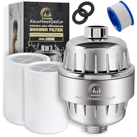 AquaHomeGroup 20 Stage Shower Head Filter with Vitamin C E A for Hard Water - High Output Filter to Remove Chlorine and Fluoride - 2 Replacement Cartridges - Consistent Flow Showerhead Filter Cover