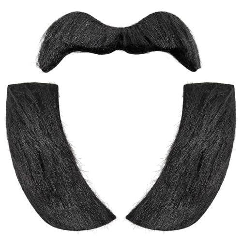 WILDREEDS Fake Mustaches Self-Adhesive Novelty Fake Beard Sideburns False Facial Hair for Halloween Cosplay Costume and Festival Party - Black (Suitable for children over 3 years old)