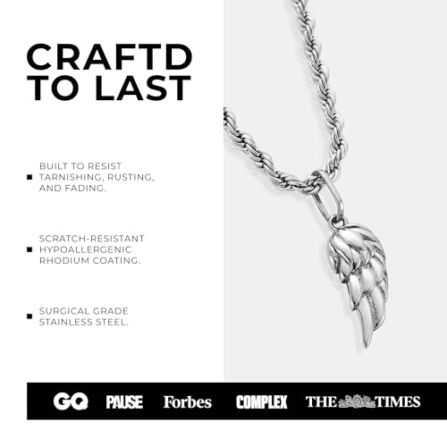 CRAFTD | Wing Pendant Necklace | 20.5" Chain Link with 20MM x 20MM Pendant | Waterproof, Heat & Sweat Resistant | Gifts for Men | Men's Jewelry |4