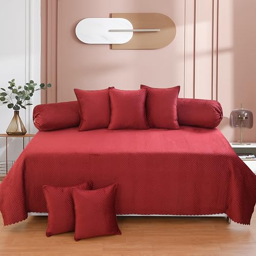 Image of Luxury Velvet Diwan Bedsheet with 5 Cushion Covers and 2 Bolster Covers - Designer Sofa DiwanCover Set for Living Room Set (1+2+5) (Maroon)