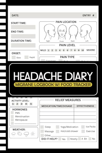Headache Diary: Migraine Log Book with Food Tracker to Help Identify Triggers, Pain Levels, Symptoms, Relief Measures, Duration, Headache Types Description, Tips and Annual Calendar