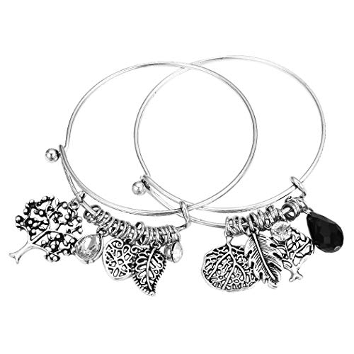 HONGYE 1 Set 2 Pcs Tree of Life Leaves Feather Rhinestone Pendant Bangle Bracelet