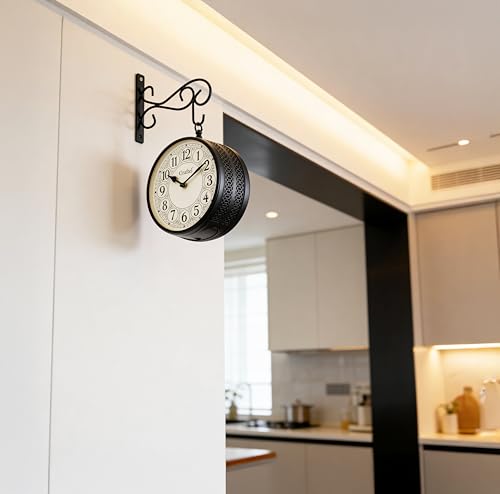 Image of CRAFTEL Double Sided Station Wall Clock Powder Coated Finish | English Roman Numerals | Aluminum Matte-Finish Dial Brass Body | Dial - 8 Inches, Matte Black | 365 Days Warranty