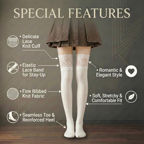 Image of Kraptick Women's Thigh High Stockings with Lace Top Soft Ribbed Stretchable Nylon Stocking, Fashion Hold-Up Stockings for Regular Use & Comfort Fit -2
