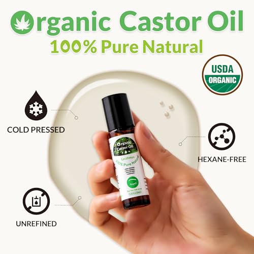 Leczhmyo Organic Castor Oil Roll on for Belly, Face, Body, Under Eyes– Certified Organic, Cold Pressed, Hexane Free, Unrefined – 3 Glass Bottle Pure Roller Ball Castor Oil to Moisturize Skin, Lips 3 Pack