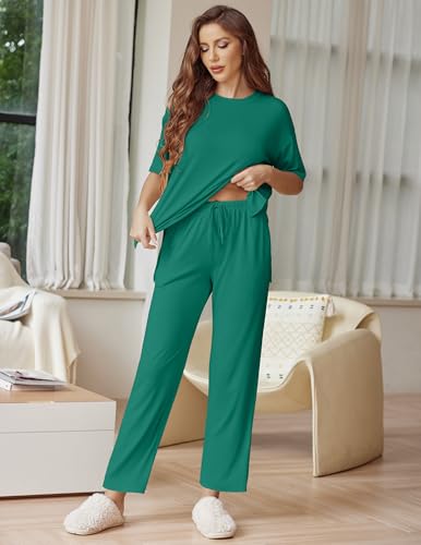 Image of Ekouaer Lounge Sets for Women Short Sleeve Tops and Long Pants Soft Comfy Pajamas Set 2 Piece Outfits