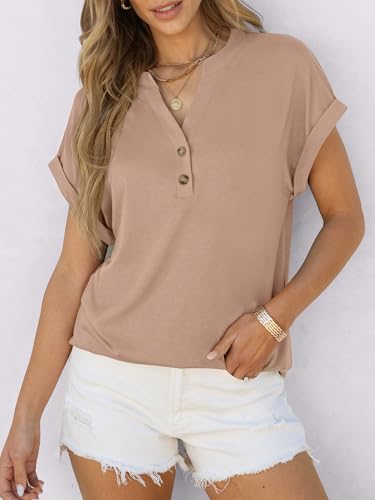 Image of ANRABESS Womens Short Sleeve Henley Tops V Neck Dressy Casual Blouses Summer Trendy Tee Shirts 2026 Vacation Fashion Clothes