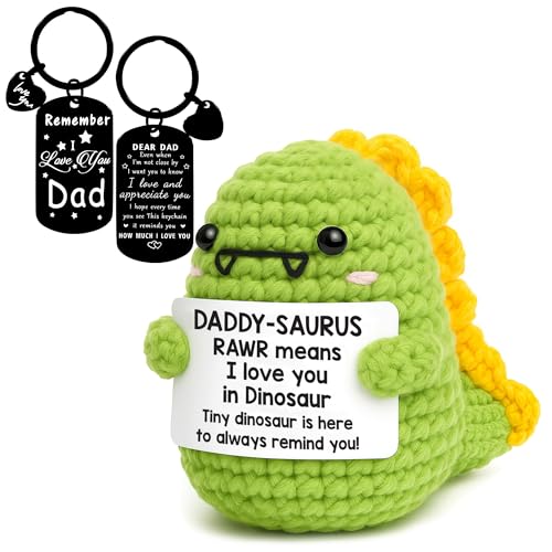 Image of Birthday Gift for Dad Dinosaur Stuffed Animal with Inspirational Keychain, Handmade Positive Crochet Animals Dino, Sentimental Emotional Support Crochet Keepsake, Thoughtful