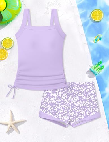 Image of Girls Swimsuit Two Piece Bathing Suit Ruffle Trim Swimsuits for Girls Tankini with Drawstring Shorts Swimwear 9-18Y