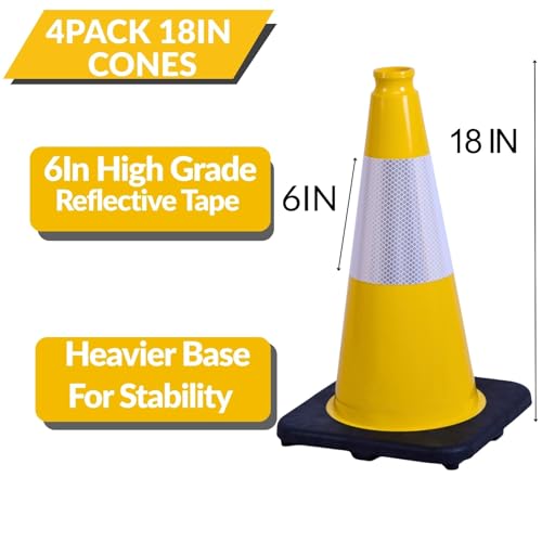 Image of BESEA 4 Pack 18 Inch Yellow Traffic Cones with Wide Stable Base