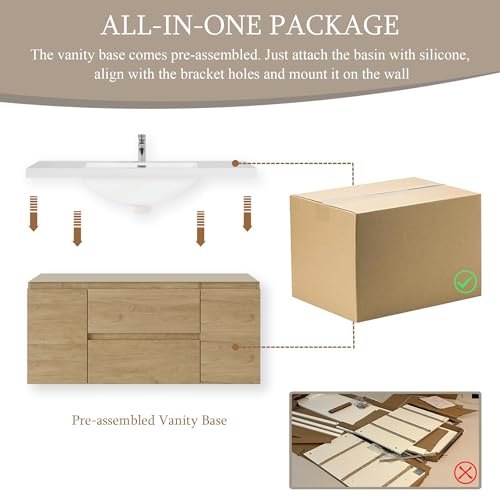 Image of KEIKI 48'' Wall-Mounted Bathroom Vanity with Sink - Floating Design, 2 Soft-Close Drawers & Doors & Resin Basin, Space-Saving for Small Bathrooms, Natural Oak